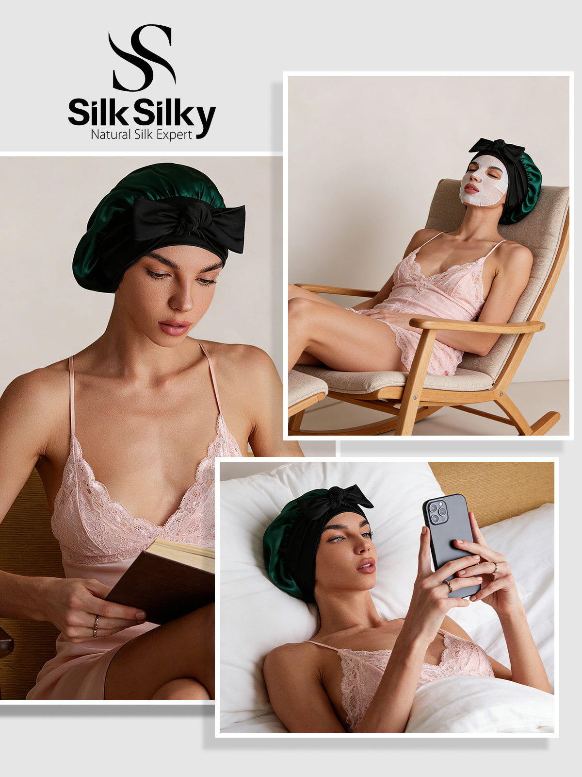 [Dunkelgrün] SilkSilky-DE Reine Seide Sleep Cap 005