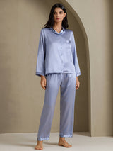 [Stahlblau] SilkSilky-DE Long Sleeve Notch-Kragen Damen Pyjamas 001