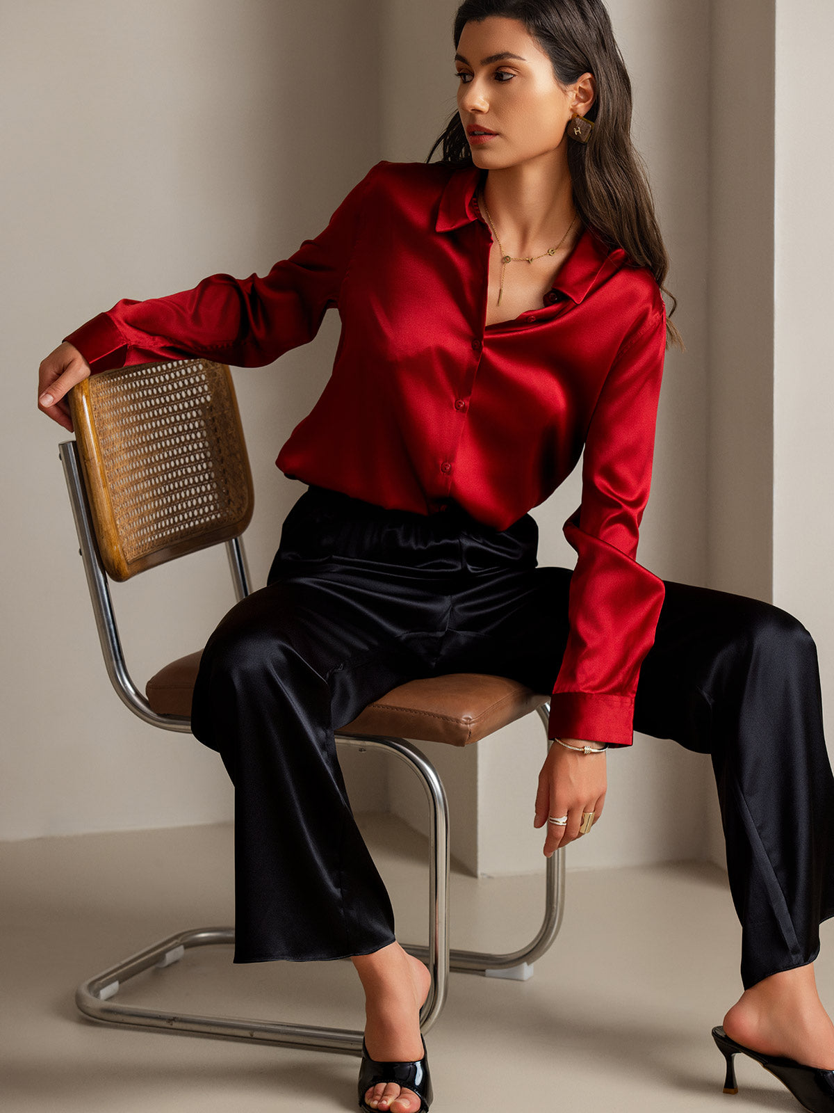 [Rot] SilkSilky-DE Long Sleeve Lapel Collar Damenhemd 001
