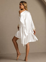 [Weiß] SilkSilky-DE 3/4 Sleeve V Neck Nachthemd&Morgenmantel Set 002