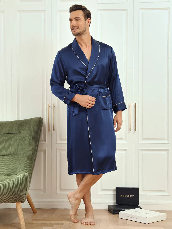 [Dunkelblau] SilkSilky-DE Reine Seide Mens Robe 004