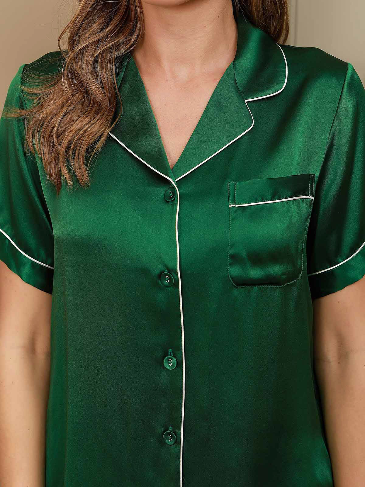 [Grün] SilkSilky-DE Kurzärmelig Notch-Kragen Damen Pyjamas 004