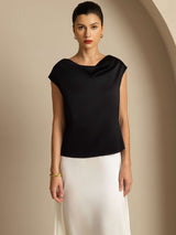 [Schwarz] SilkSilky-DE Cap Sleeve Cowl Neck T-Shirt 004