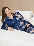 SilkSilky-DE 19Momme Reine Seide Langärmelig Revers Damen Pyjamas Dunkelblau 003