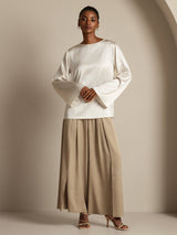 [Weiß] SilkSilky-DE Long Sleeve Boat Neck Bluse 007