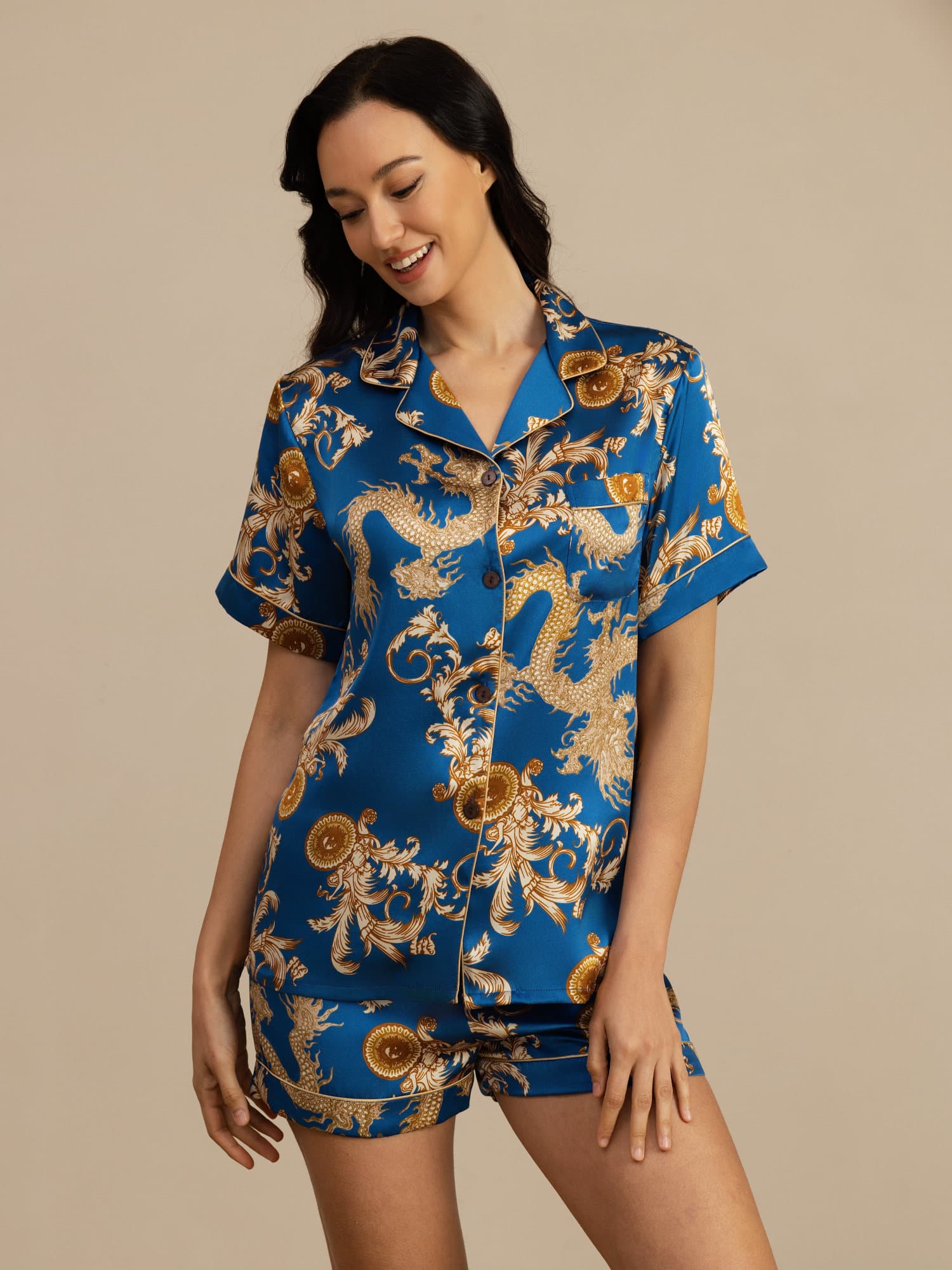 [Navy Drache] SilkSilky-DE Kurzärmelig Notch-Kragen Damen Pyjamas 001