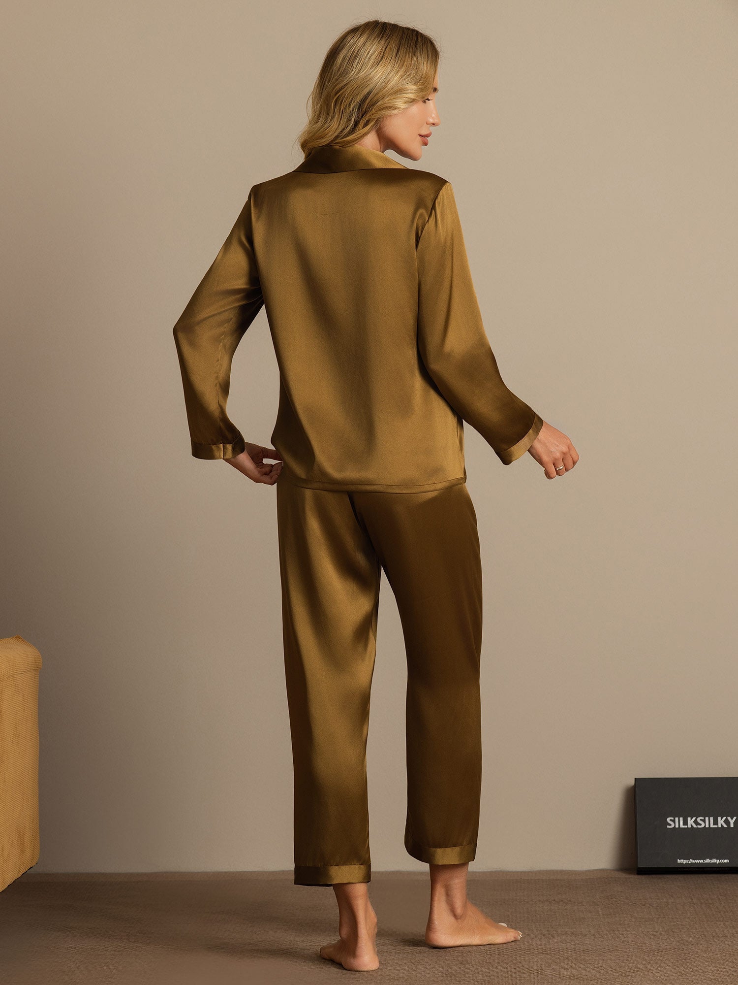 [Braun] SilkSilky-DE Langärmelig Notch-Kragen Damen Pyjamas 002