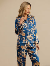 [Navy Drache] SilkSilky-DE Long Sleeve Notch-Kragen Damen Pyjamas 005