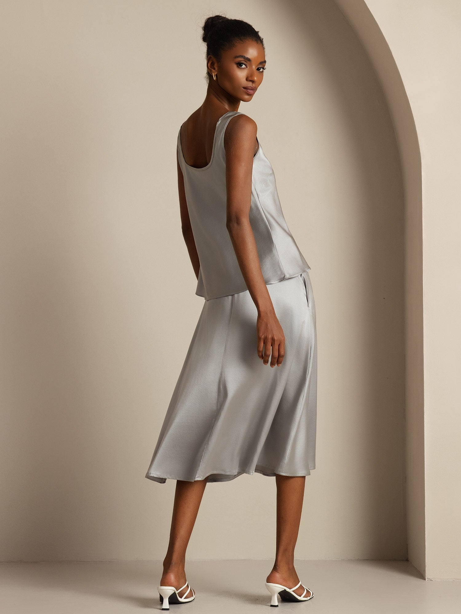 [Greifgrau] SilkSilky-DE 19Momme Seide U Ausschnitt Cami Top 002,