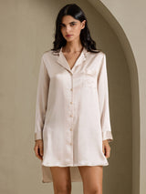 [Beige] SilkSilky-DE Long Sleeve Lapel Collar Schlafhemd 003
