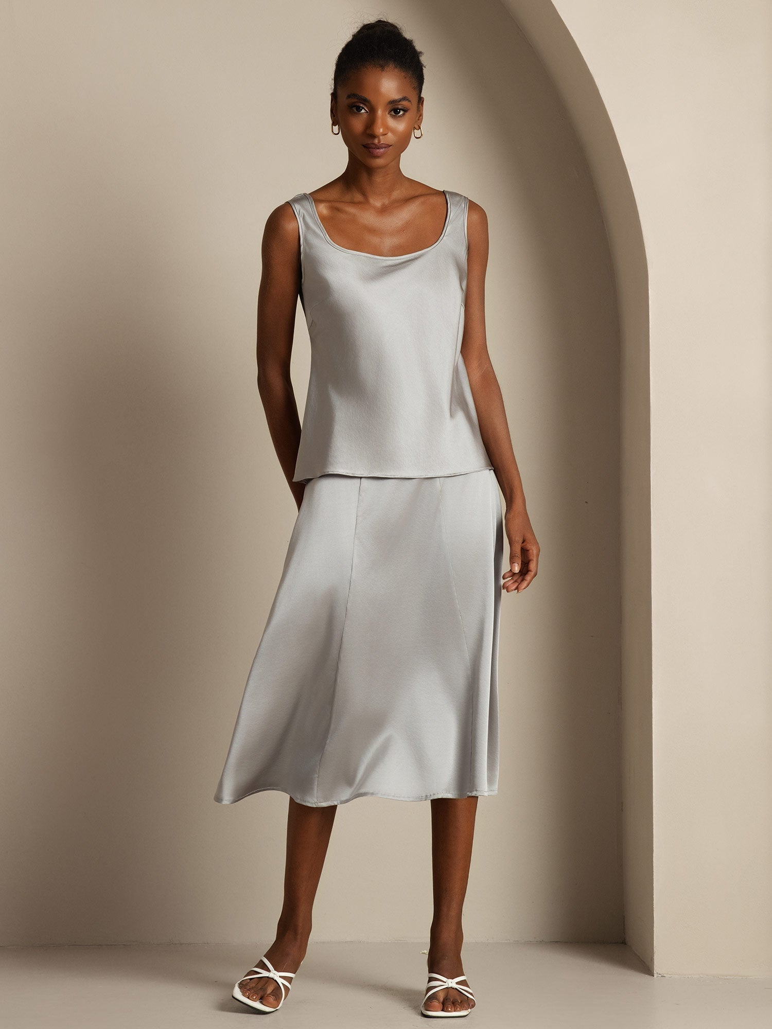 [Greifgrau] SilkSilky-DE 19Momme Seide U Ausschnitt Cami Top 001,