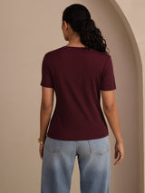 [Rotwein] SilkSilky-DE Short Sleeve V Neck T-Shirt 002