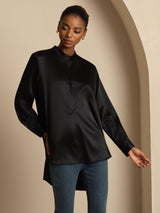 [Schwarz] SilkSilky-DE 19Momme Langärmelig Stehkragen Bluse 005