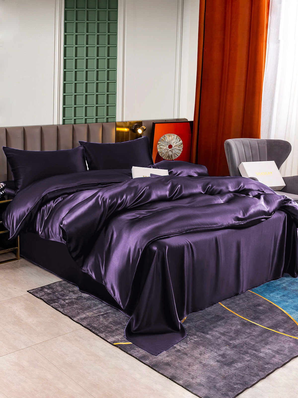 [Dunkelviolett] SilkSilky-DE 22Momme Reine Seide Bedding Set 002,