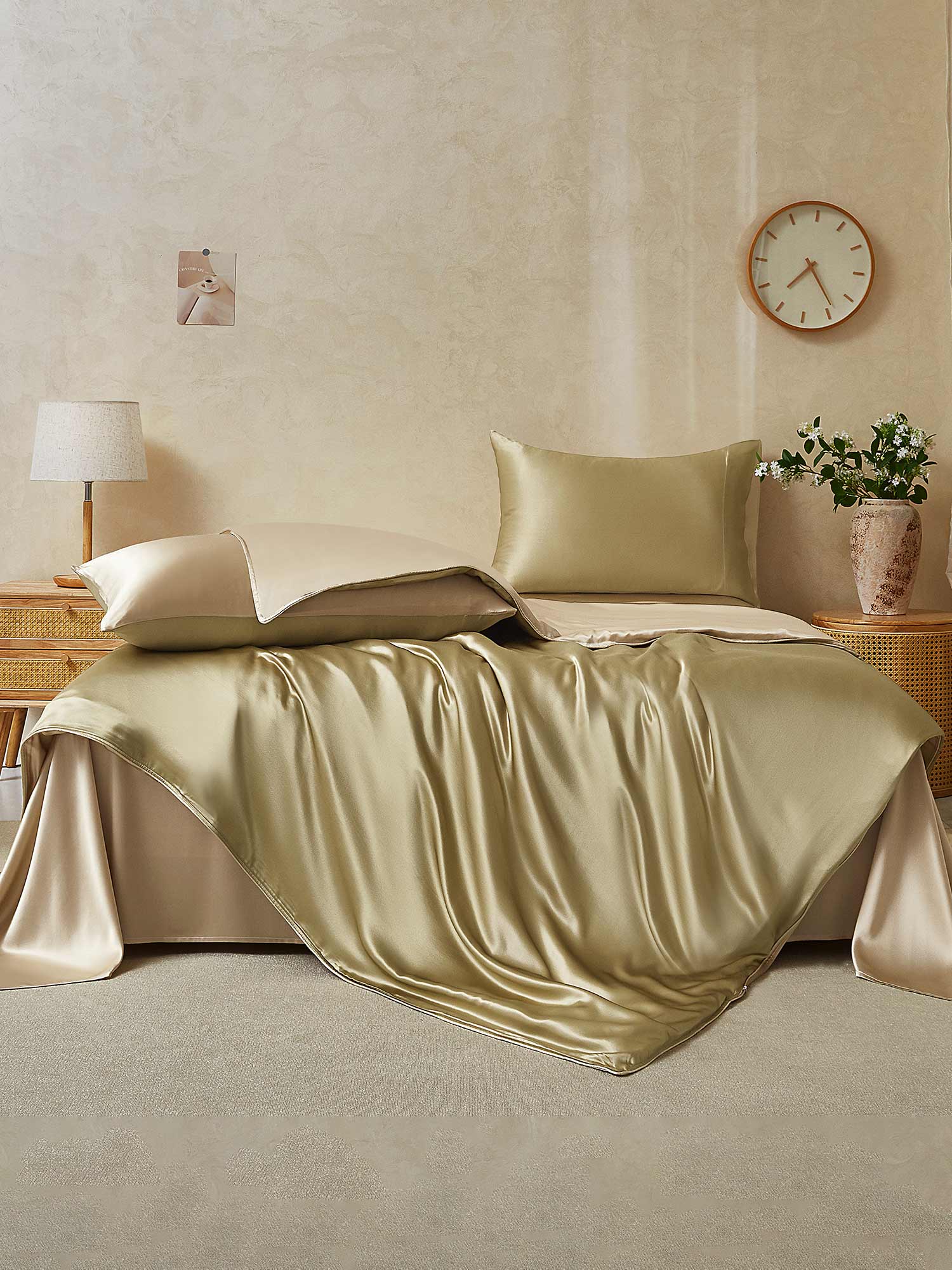 [Beige+Khaki] SilkSilky-DE 19Momme Reine Seide Bedding Set 002,