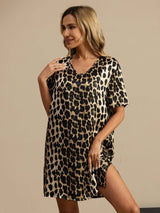 [Leopard] SilkSilky-DE Pure Silk Kurzärmelig V Ausschnitt Nachthemden 004