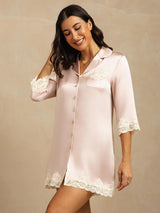 [Rosa] SilkSilky-DE Reine Seide Umlegekragen Schlafhemd 008