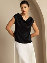 [Schwarz] SilkSilky-DE Cap Sleeve Cowl Neck T-Shirt 005
