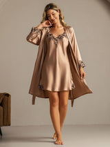 [Braun] SilkSilky-DE 3/4 Sleeve V Neck Nachthemd&Morgenmantel Set 009