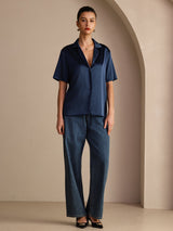 [Dunkelblau] SilkSilky-DE Short Sleeve Lapel Collar Damenhemd 006