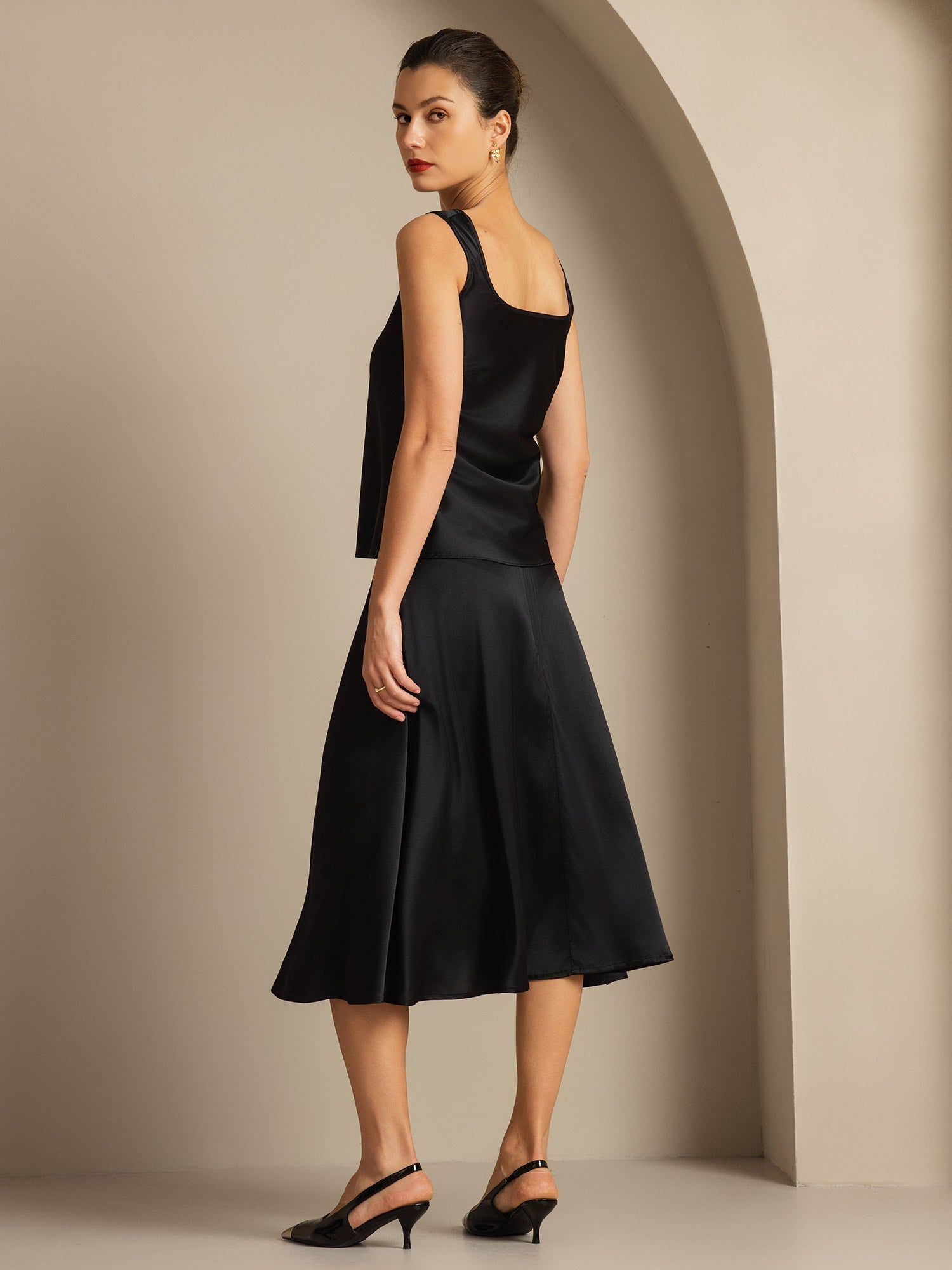 [Schwarz] SilkSilky-DE 19Momme Seide U Ausschnitt Cami Top 002,