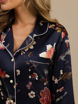 [Marine Blumen] SilkSilky-DE Long Sleeve Notch-Kragen Damen Pyjamas 006