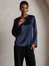 [Dunkelblau] SilkSilky-DE Long Sleeve Boat Neck Bluse 003