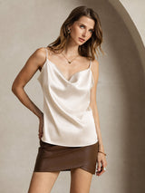 [Beige] SilkSilky-DE Spaghetti Strap Cowl Neck Cami Top 001
