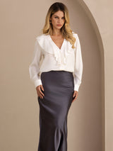 [Weiß] SilkSilky-DE Long Sleeve Deep V Neck Damenblusen 003