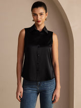 [Schwarz] SilkSilky-DE Sleeveless Lapel Collar Damenhemd 003