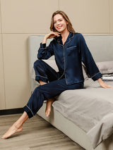 [Dunkelblau] SilkSilky-DE Long Sleeve Notch-Kragen Damen Pyjamas 003