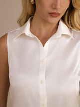 [Weiß] SilkSilky-DE Sleeveless Lapel Collar Damenhemd 004