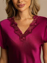 [Rotwein] SilkSilky-DE Short Sleeve V Neck Nachthemden 004