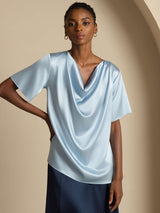 [Graublau] SilkSilky-DE Short Sleeve Cowl Neck Damenblusen 001