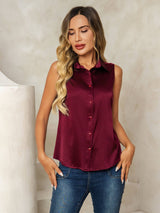 [Dunkelrot] SilkSilky-DE Sleeveless Lapel Collar Damenhemd 006
