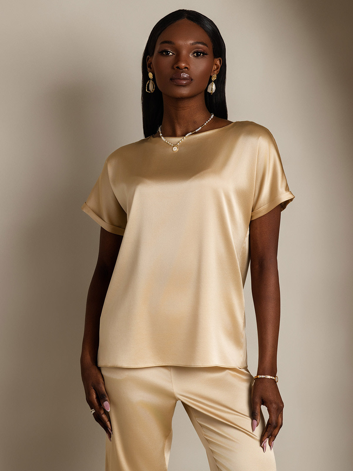 [Champagner] SilkSilky-DE 19Momme Seide Womens T-Shirt 001
