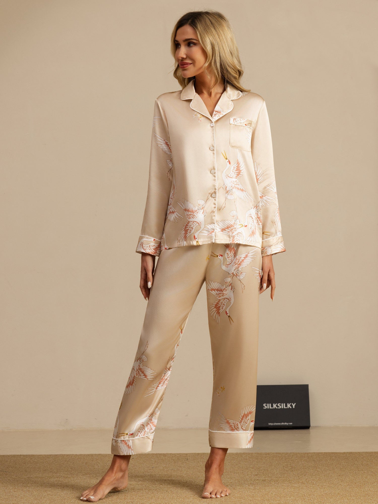 [Champagner] SilkSilky-DE 19Momme Langärmelig Notch-Kragen Damen Pyjamas 001