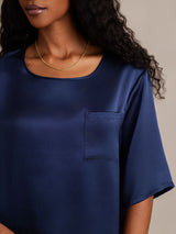 [Dunkelblau] SilkSilky-DE Half Sleeve Round Neck Damen Pyjamas 008