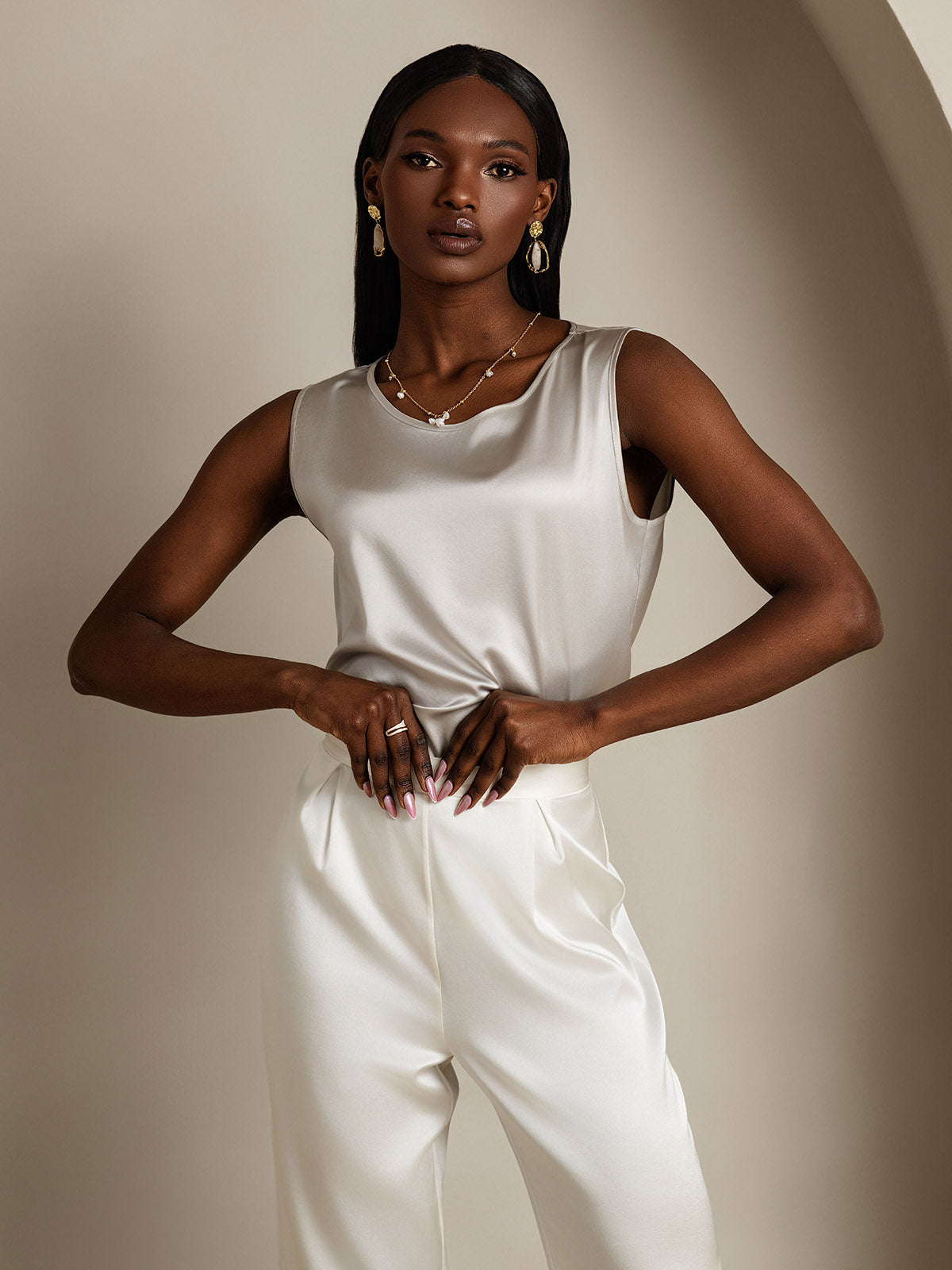 [Hellgrau] SilkSilky-DE 19Momme Ärmellos Rundhalsausschnitt Cami Top 004