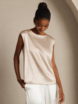 [Beige] SilkSilky-DE Cap Sleeve Round Neck T-Shirt 006