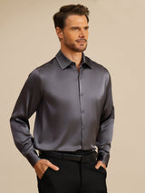 [Dunkelgrau] SilkSilky-DE Long Sleeve Lapel Collar Herrenhemd 001
