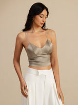 [Khaki] SilkSilky-DE Spaghetti Strap V Neck Cami Top 007