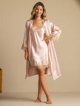 [Rosa] SilkSilky-DE 3/4 Sleeve V Neck Nachthemd&Morgenmantel Set 003