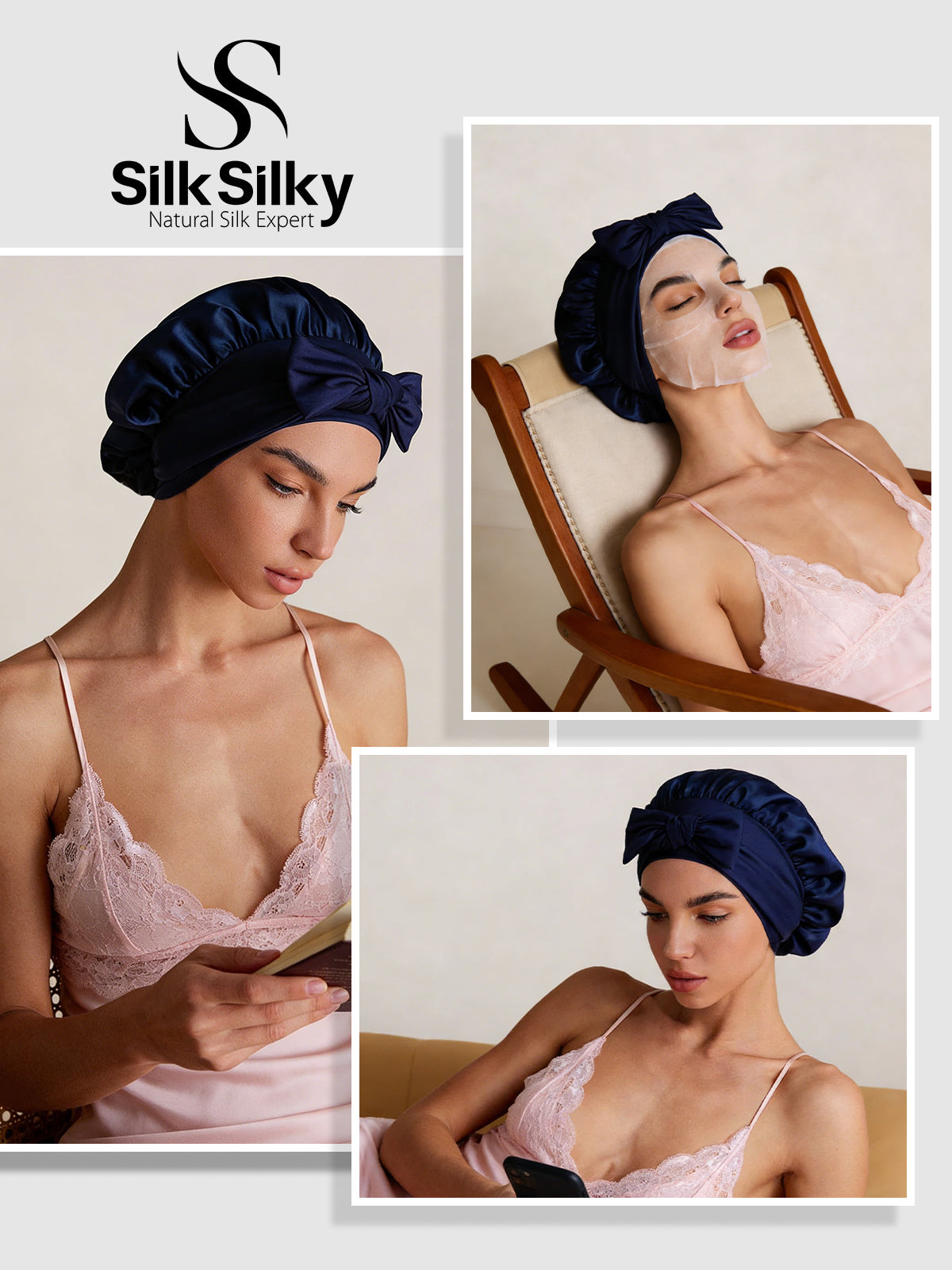 [Dunkelblau] SilkSilky-DE Reine Seide Sleep Cap 005