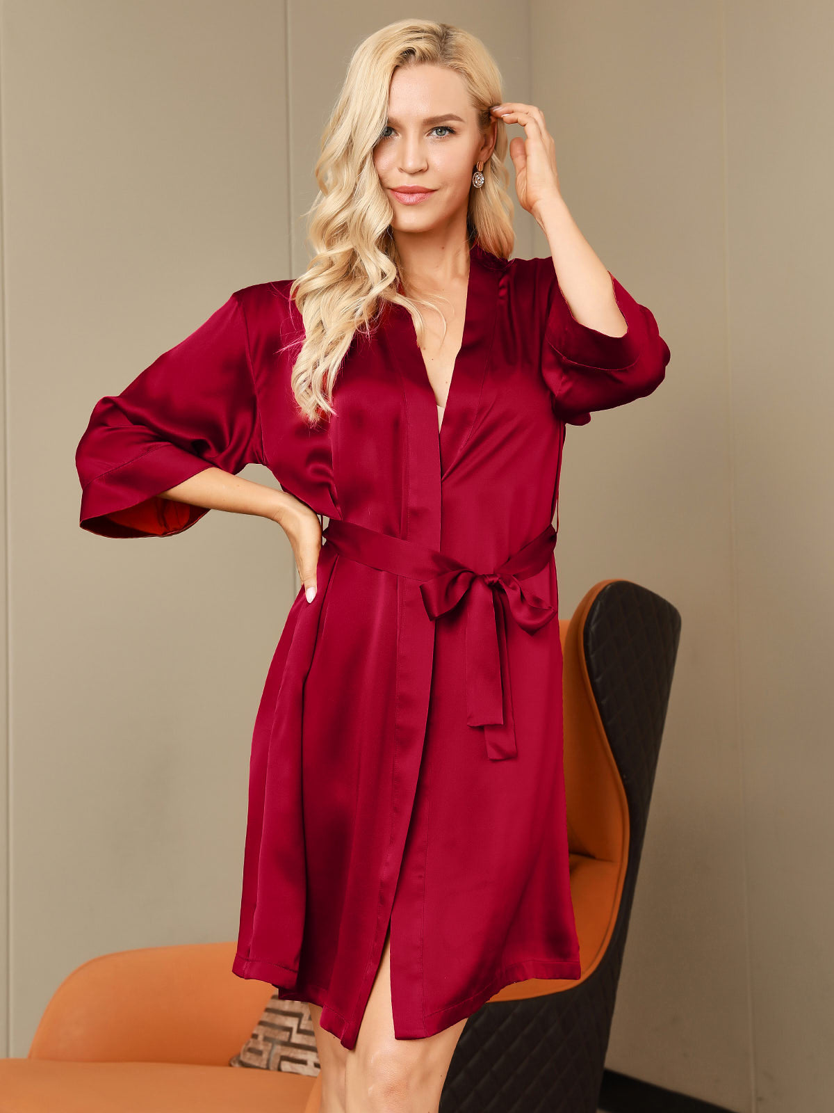 [Rotwein] SilkSilky-DE Reine Seide Womens Robe 005
