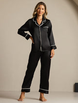 [Schwarz] SilkSilky-DE Langärmelig Notch-Kragen Damen Pyjamas 001