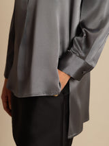 [Dunkelgrau] SilkSilky-DE 19Momme Langärmelig Stehkragen Bluse 008