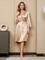 [Champagner] SilkSilky-DE 3/4 Sleeve V Neck Nachthemd&Morgenmantel Set 008