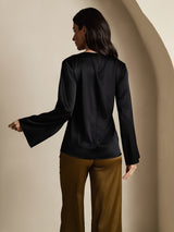 [Schwarz] SilkSilky-DE Long Sleeve Boat Neck Bluse 002