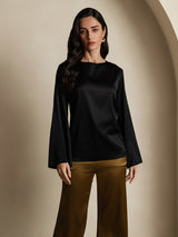 [Schwarz] SilkSilky-DE Long Sleeve Boat Neck Bluse 003